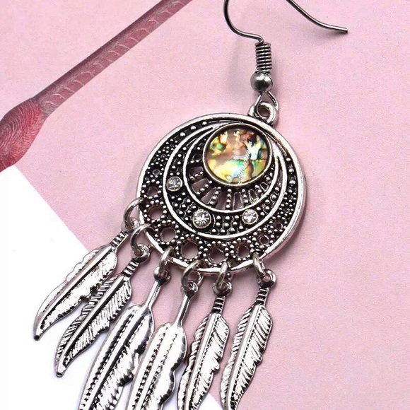 Silver Abalone Feather Bohemian Earrings - Picture 7 of 9